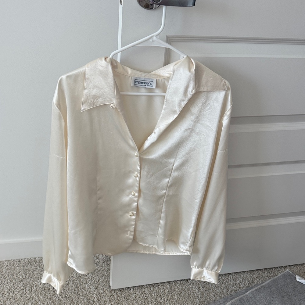 Cream Satin Button-Up Blouse
